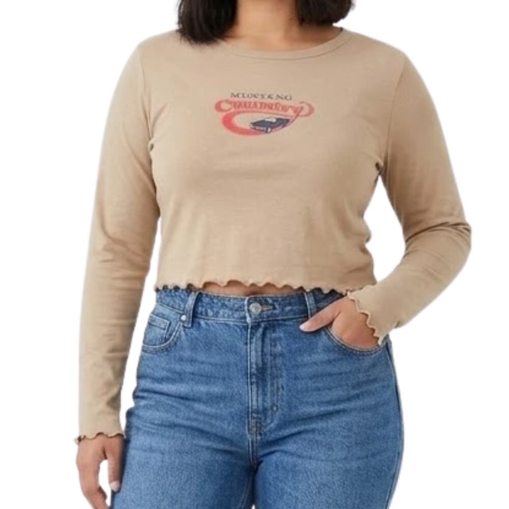 Cotton On Ford Mustang Country Tan Brown Long Sleeve Lettuce Hem Crop Tee size M